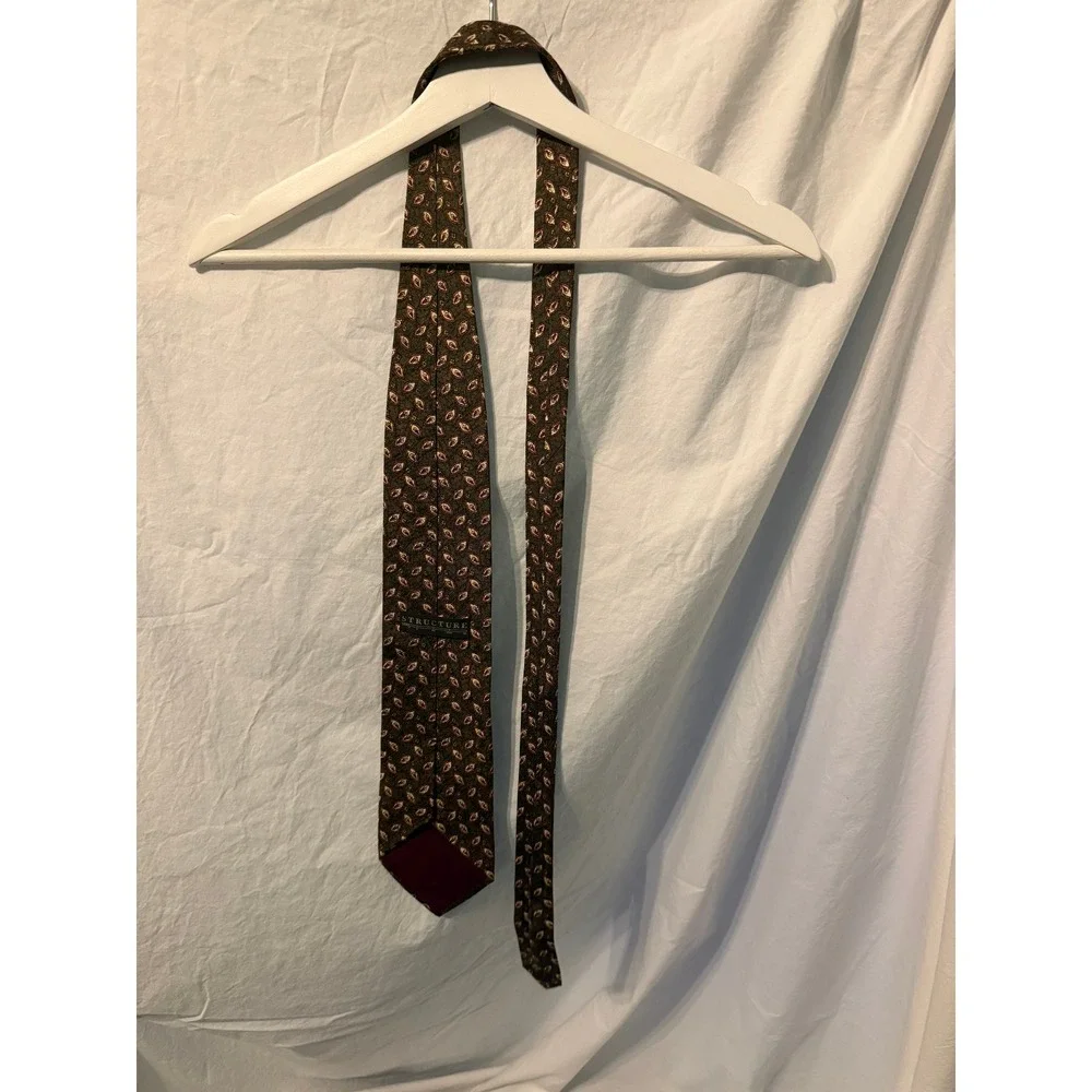 Structure‎ Vintage Mens Silk Tie Olive Green Burgundy Gold Geometric Pattern 325